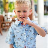 TukTuk Designs Dinosaur shirts in Blue feature life like Stegasauruses are sure to be every boys' favorite! Beautfully crafted in 100% cotton with collar and placket details.  Also available in matching sibling Dinosaur dress.
