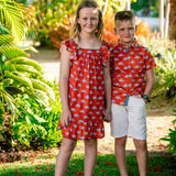 TukTuk Designs Dinosaur shirts in Orange featuring life like Stegasauruses are sure to be every boys' favorite! Beautfully crafted in 100% cotton with collar and placket details.  Also available in matching sibling Dinosaur dress.