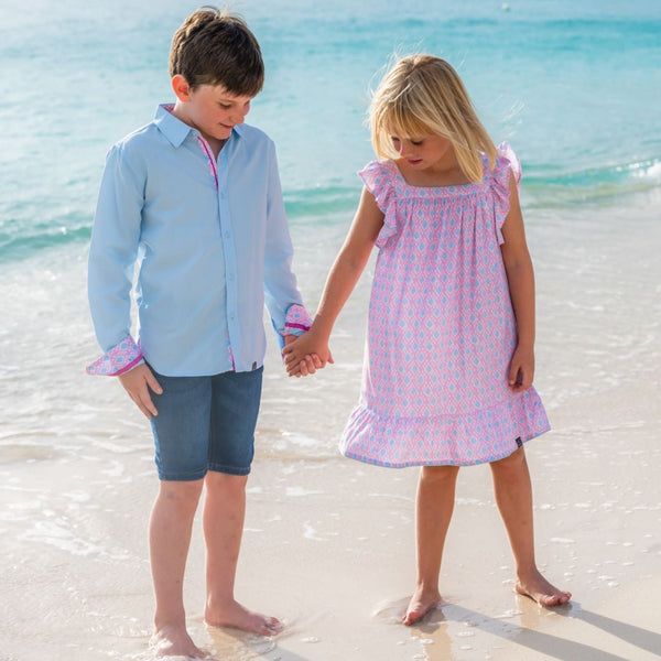 Blue Shirt with Pink Ikat Trim in Long Sleeves