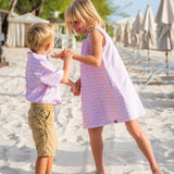 Preppy pink Ikat print shift dress in 100% cotton. Perfect for spring and available in matching sibling shirt and daddy and me shirt.
