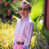 TukTuk Designs pink long sleeve boys' button up shirt with trim details, perfect for resorts, vacations and Valentine's Day