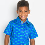 TukTuk Designs blue hedgehog shirt in short sleeves with contrast chambray trim