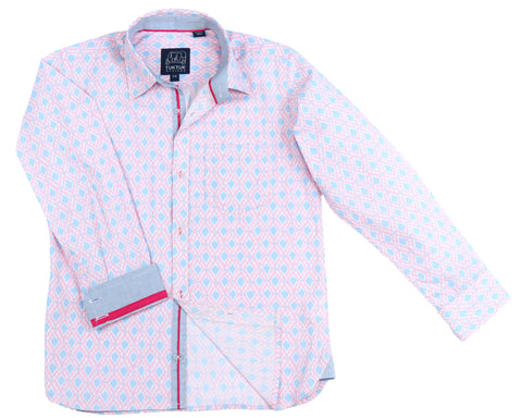 TukTuk Designs pink long sleeve boys' button up shirt with trim details, perfect for resorts, vacations and Valentine's Day
