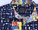 TukTuk Designs boys long sleeve blue fish shirt with colorful trim details. 
