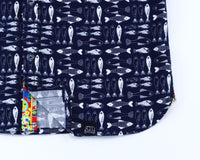 TukTuk Designs boys long sleeve blue fish shirt with colorful trim details. 