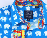 TukTuk Designs Boys long sleeve tailored, button up shirt in bright blue elephant print with colorful paisley trim.