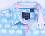TukTuk Designs Boys short sleeve tailored shirts in blue elephant print with contrast pink gingham trim. Perfect for beach vacations, resorts and easter.