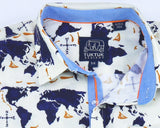 TukTuk Designs button up short sleeve shirt 100% cotton with map of the world. For little globe trotters!