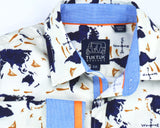 TukTuk Designs button up long sleeve shirt 100% cotton with map of the world, and chambray trim with orange ribbon. For little globe trotters!