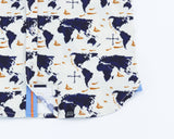 TukTuk Designs button up short sleeve shirt 100% cotton with map of the world, ad chambray trim with orange ribbon. For little globe trotters!
