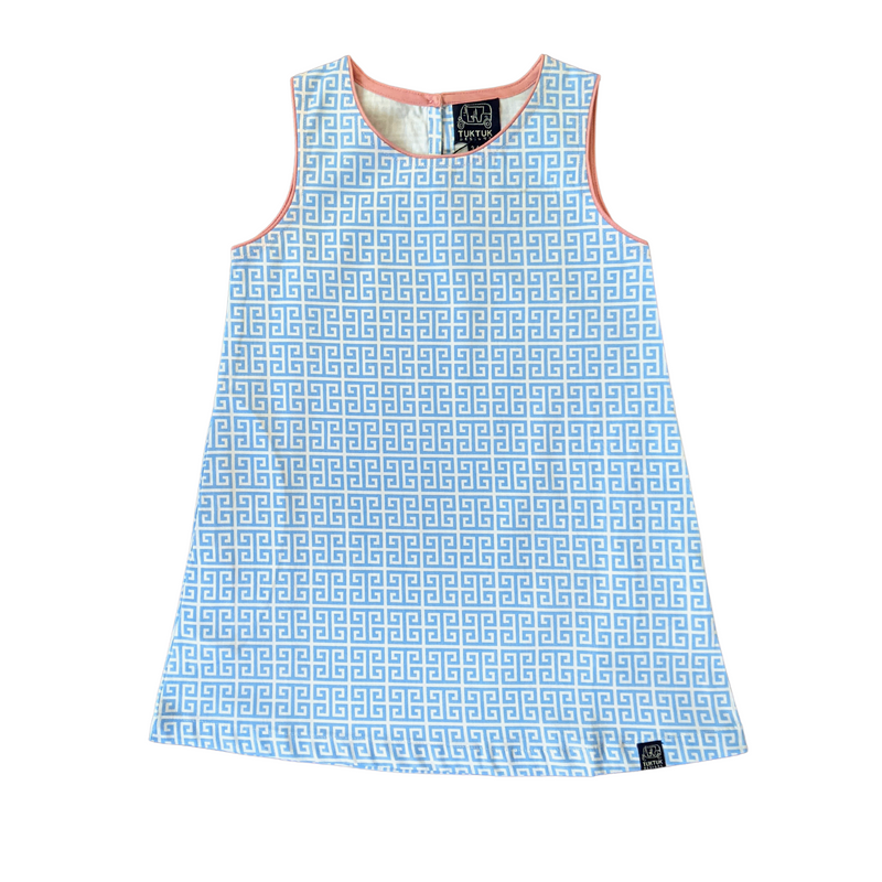 TukTuk Designs shift dress in Greek Key blue print is a classic and a summer staple. Made with 100% cotton it features contrast trim details. It is also availabe in matching sibling boys shirt.