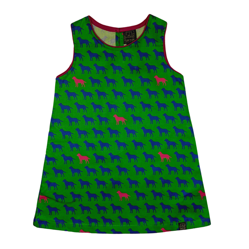 Adorable labs on a green and white preppy shift dress. Beautfully crafted in 100% cotton with collar and placket details. A favorite of every girl. Also available in matching sibling lab shirt. 