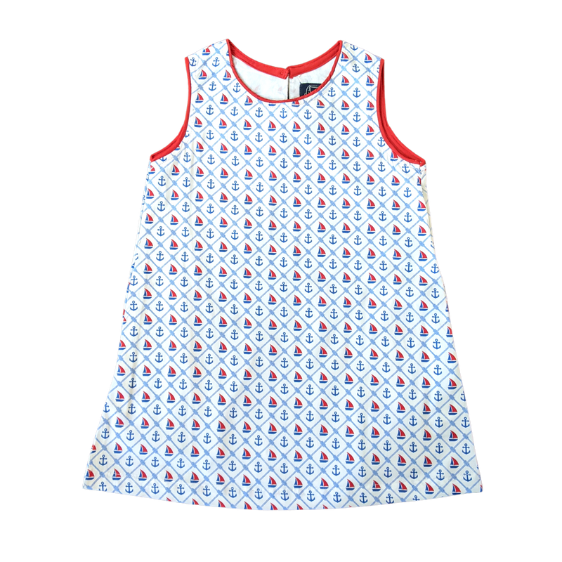 TukTuk Designs Anchors Aweigh matching sibling outfits in short sleeve shirt and shift dress featuring nautical sailboats and anchors with details all in 100% cotton
